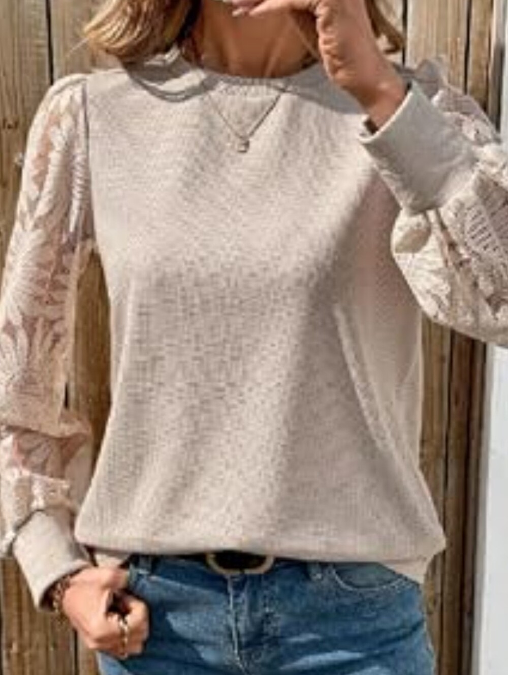 Lace Sleeve Knit Sweater Shirt Beige Floral Business Casual Fall Small